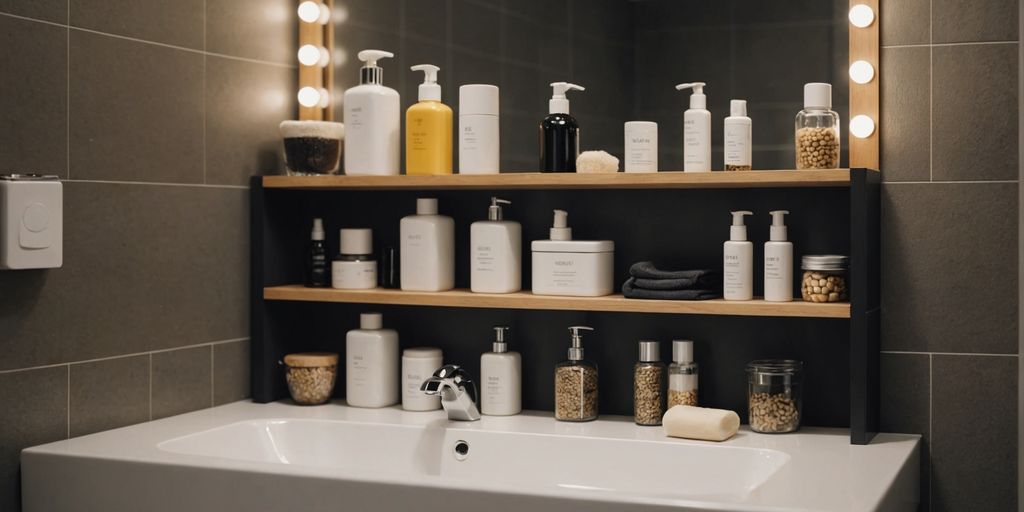 Small bathroom with smart storage and organization.