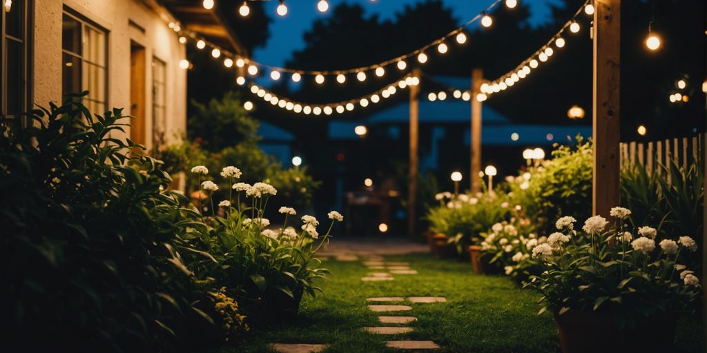 DIY garden lights illuminating a cozy outdoor space.