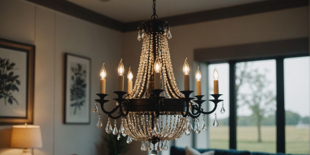 Modern farmhouse chandelier in a chic living room.