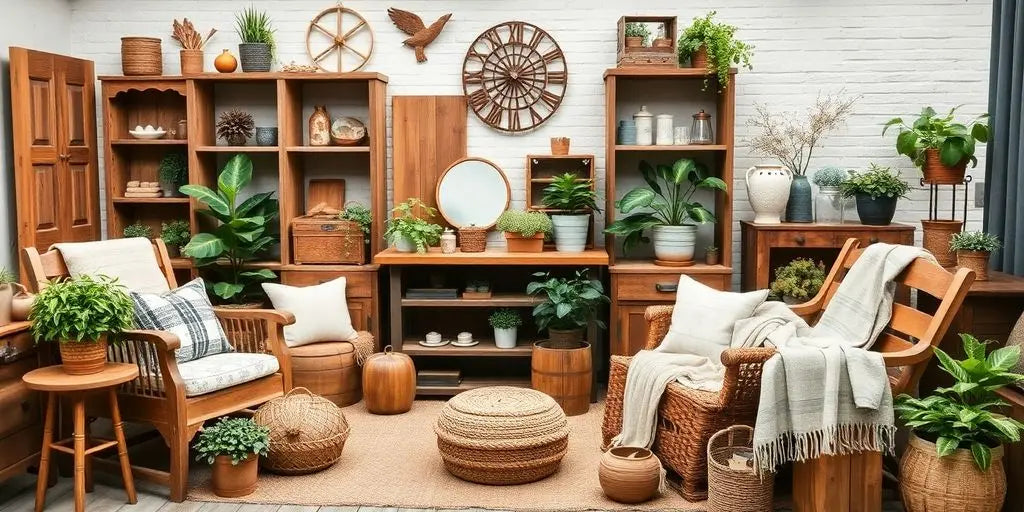 Rustic farmhouse decor with wooden furniture and potted plants.