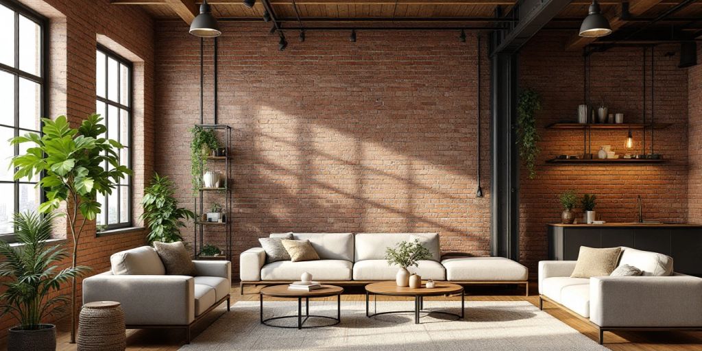 Modern industrial living room with exposed brick and metal.