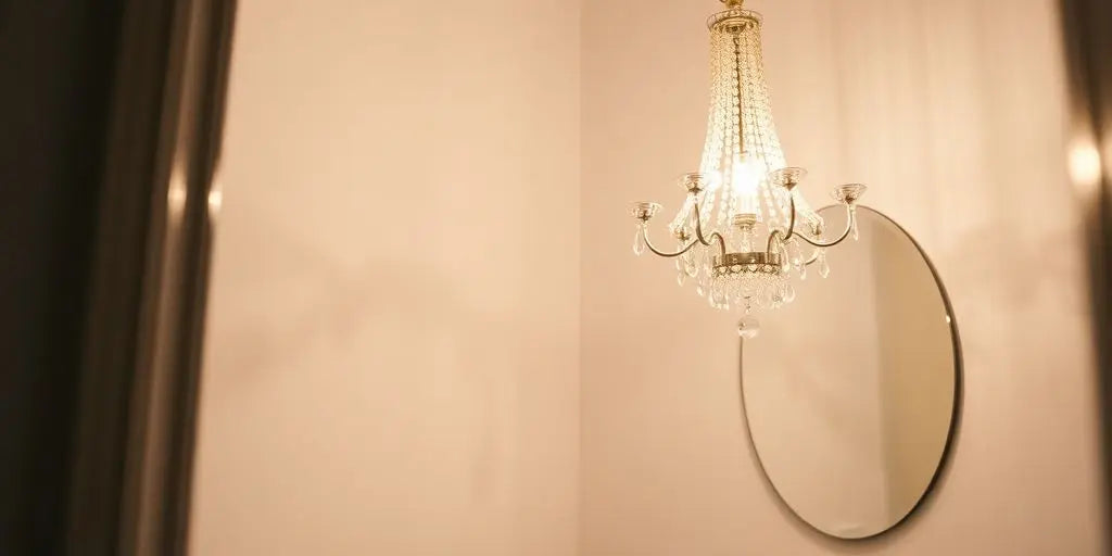 Elegant small chandelier in a modern bathroom setting.