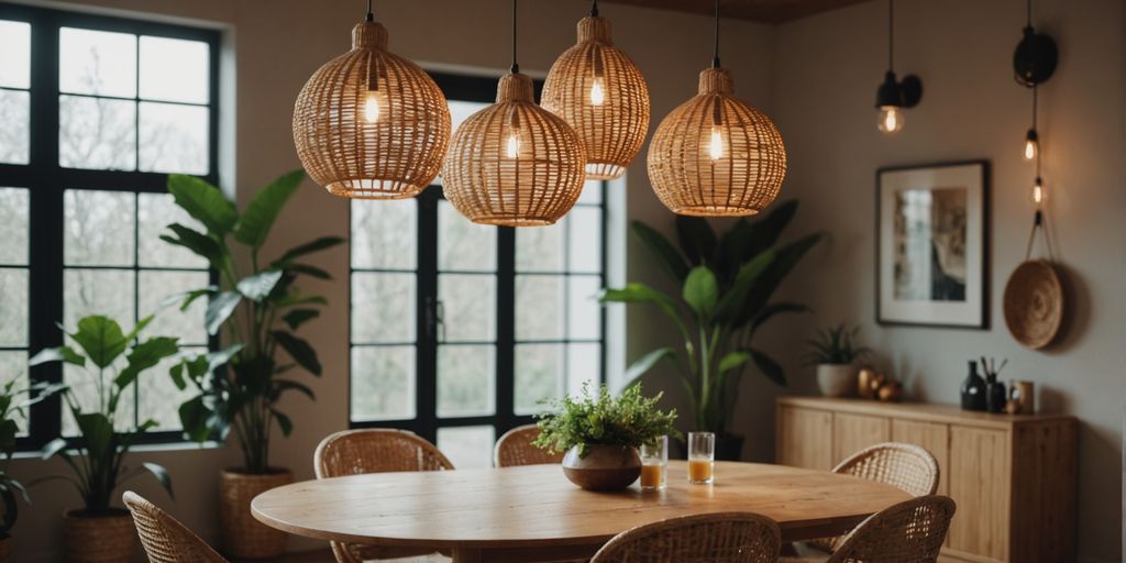 Rattan pendant lights in a cozy, naturally decorated room.