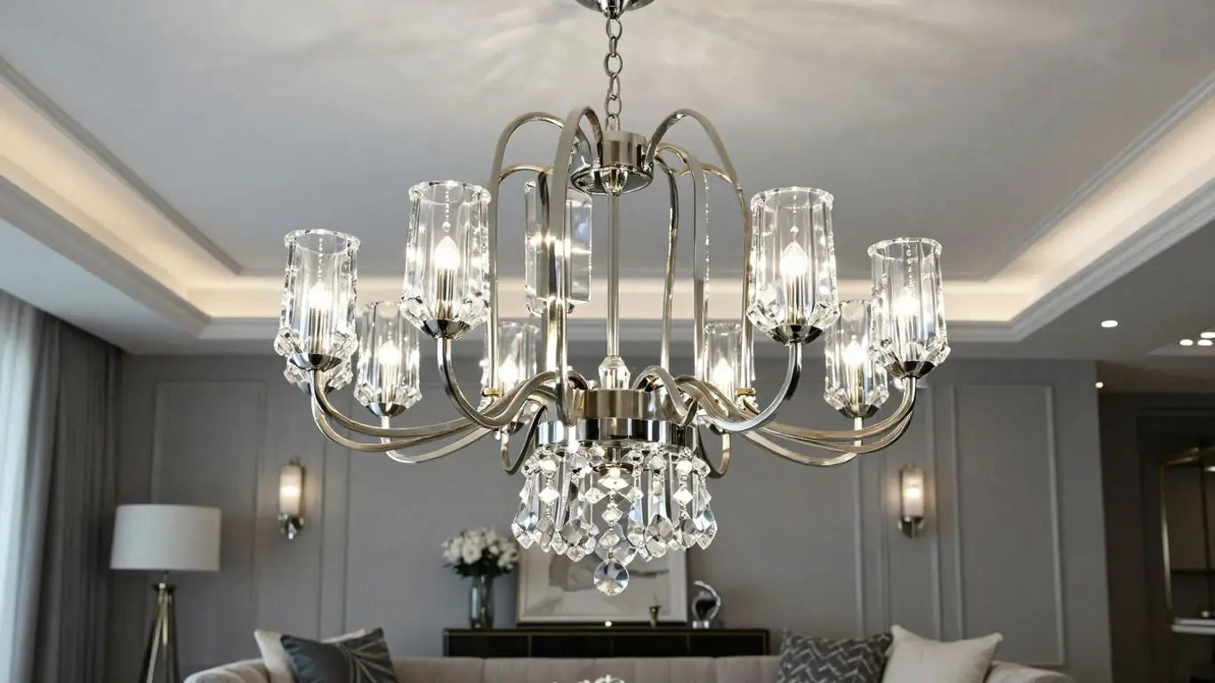 Modern chandelier in a UK home living room.