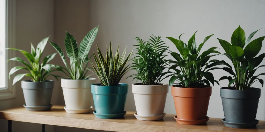 Indoor plants in pots on a shelf for air quality.