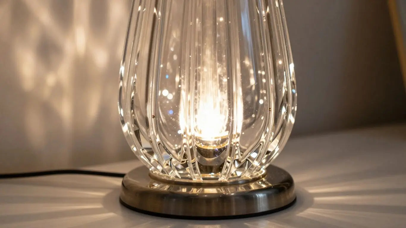 Elegant crystal table lamp with warm light.
