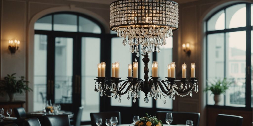 Chandelier height above dining table in a modern room.