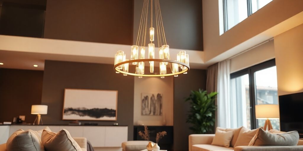 Modern chandelier in a chic living room setting.