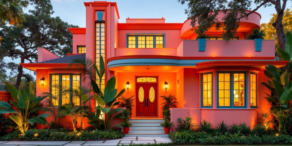 Art Deco home with vibrant colors and geometric architecture.