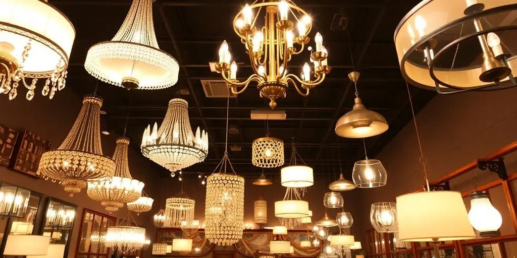 Elegant chandeliers and lights in a bright showroom.