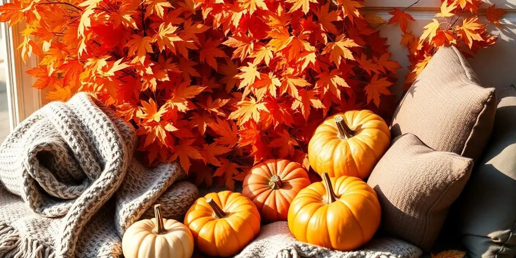 Cozy autumn decor with pumpkins and colorful leaves.