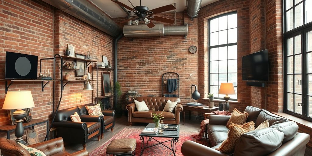 Cozy industrial-style living room with vintage furniture and lighting.