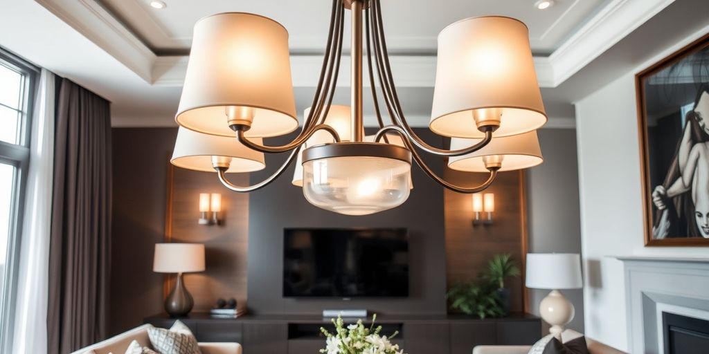 Modern chandelier with elegant shades in a cozy living room