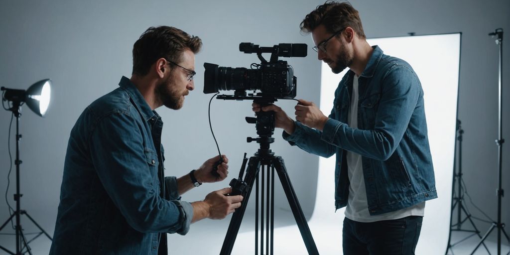 Videographer adjusting camera with studio lights on product