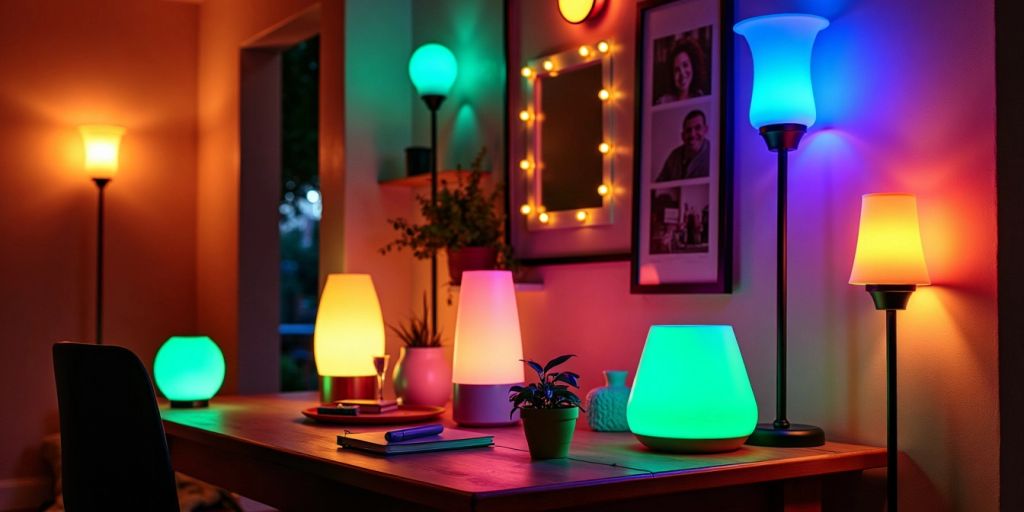 Colorful LED lights illuminating a cozy room.