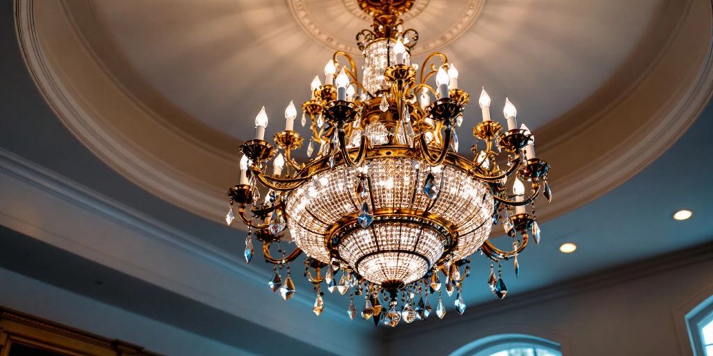 Extra large chandelier hanging in a high ceiling room.