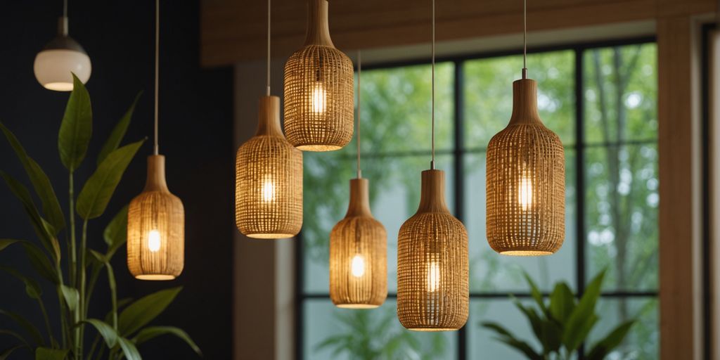 Bamboo pendant lights in stylish modern interior setting.