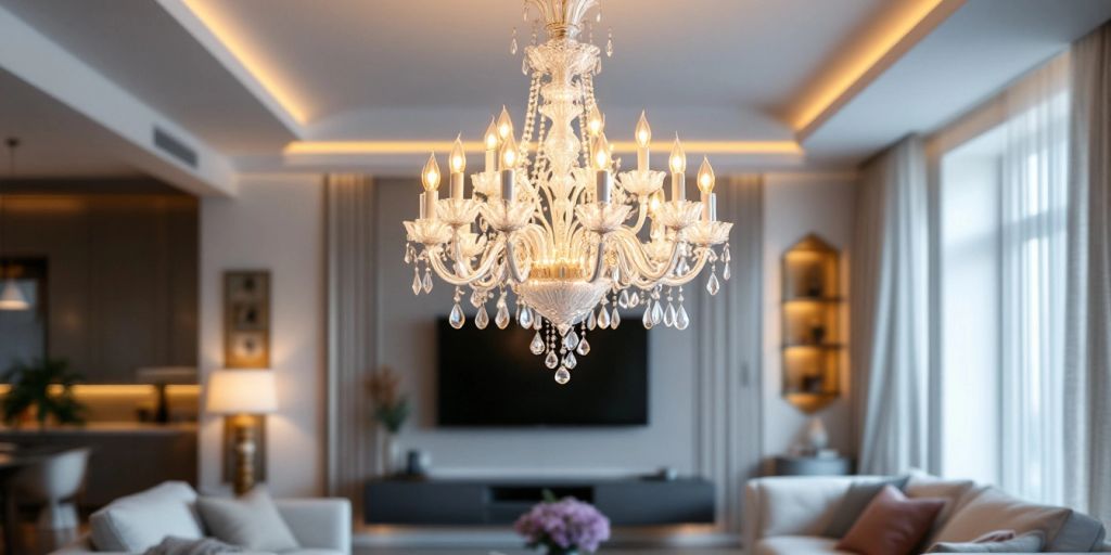 White luxury chandelier in a modern living room.