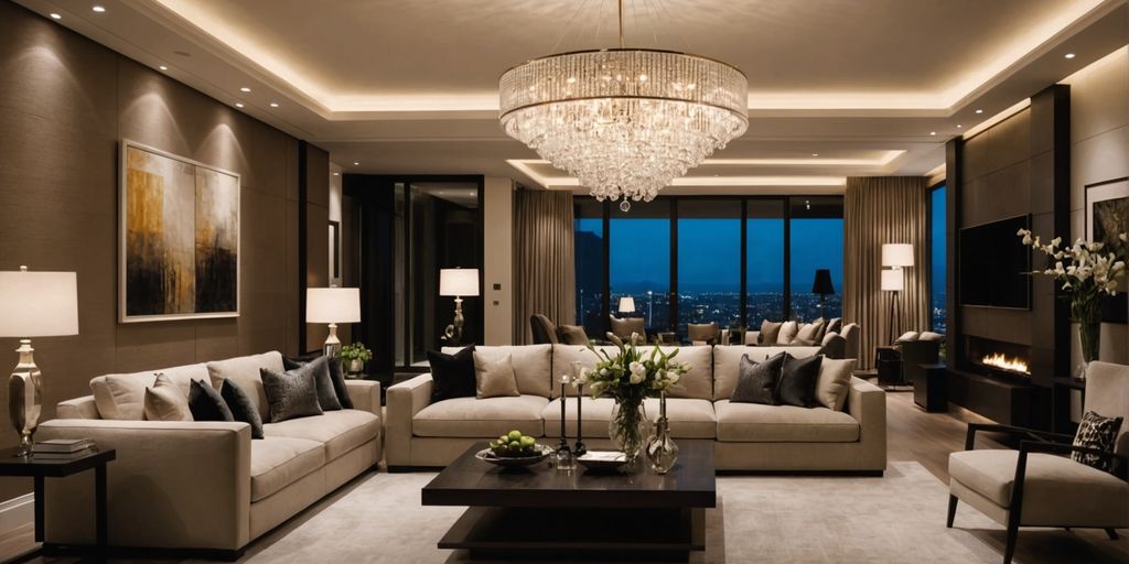 Luxurious living room with elegant chandeliers and modern lamps