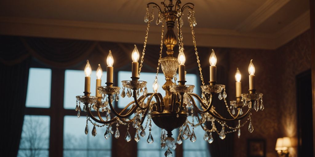 Chandeliers with stylish shades in a cozy, well-lit room.