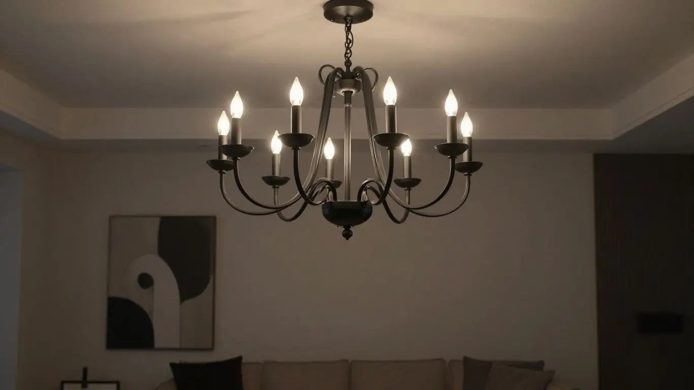 Elegant black chandelier in a modern living room.