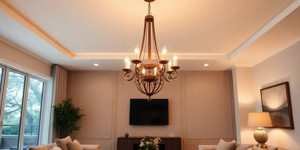 Elegant low ceiling chandelier in a modern living room.