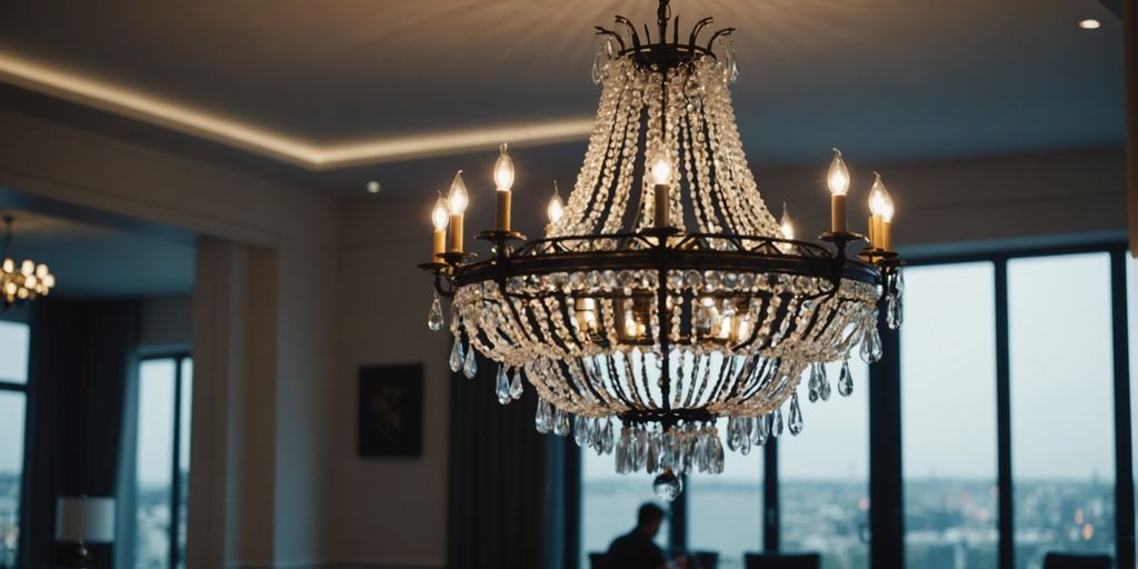 Chandelier installation in a modern living room setup.