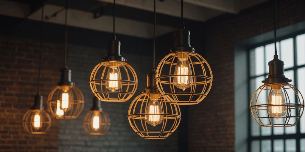 Industrial cage pendant lights illuminating a modern room