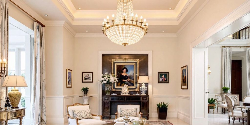 Elegant foyer with a large, illuminated chandelier.