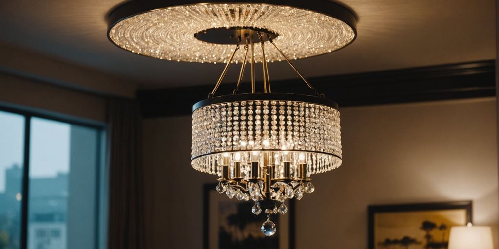 Flush mount and chandelier lighting fixtures side by side.