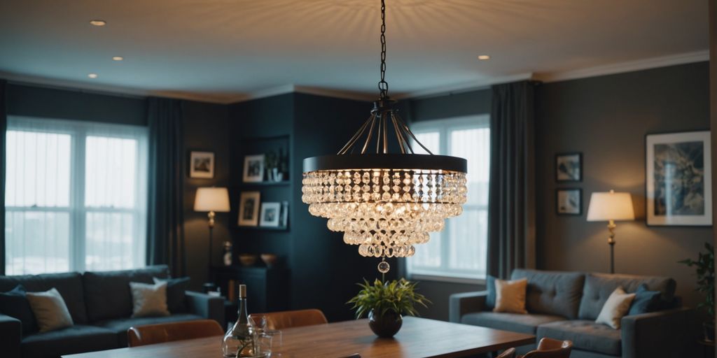 Chandelier and pendant light in a stylish living room.