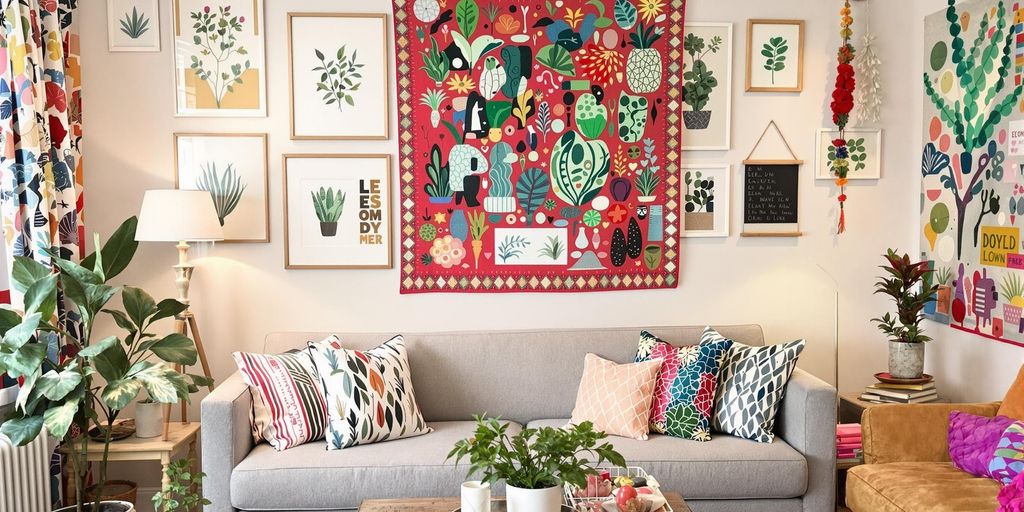 Colorful DIY wall decor in a cozy living room.