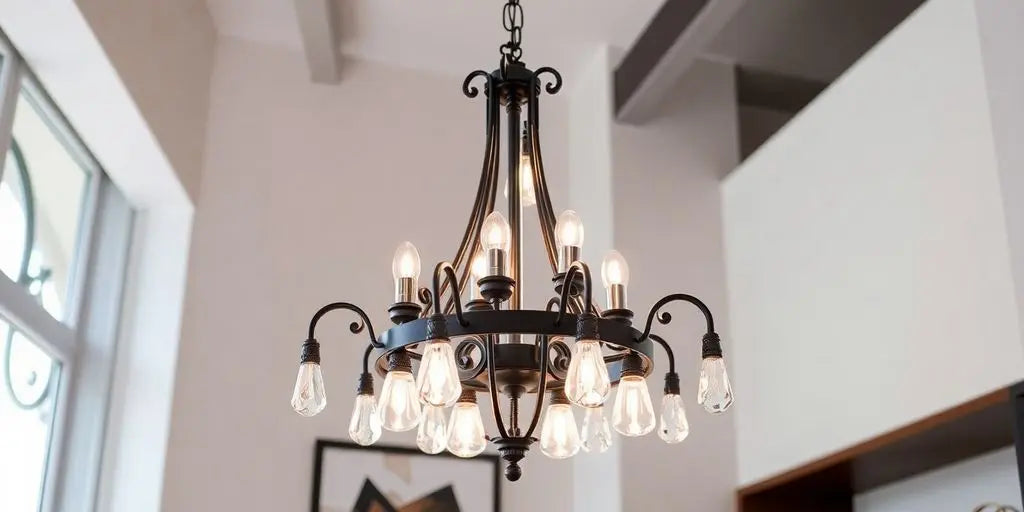 Black metal and glass chandelier in modern interior setting.