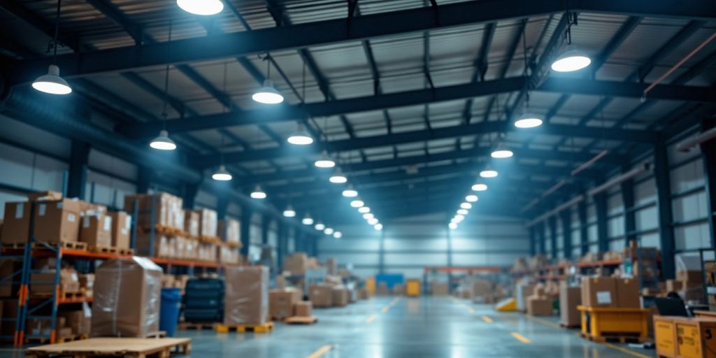 Bright warehouse lighting fixtures illuminating the space.