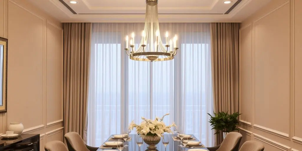 Modern chandelier above dining table