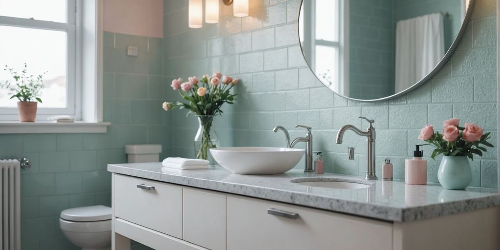 Modern bathroom with pastel colors and sleek fixtures.