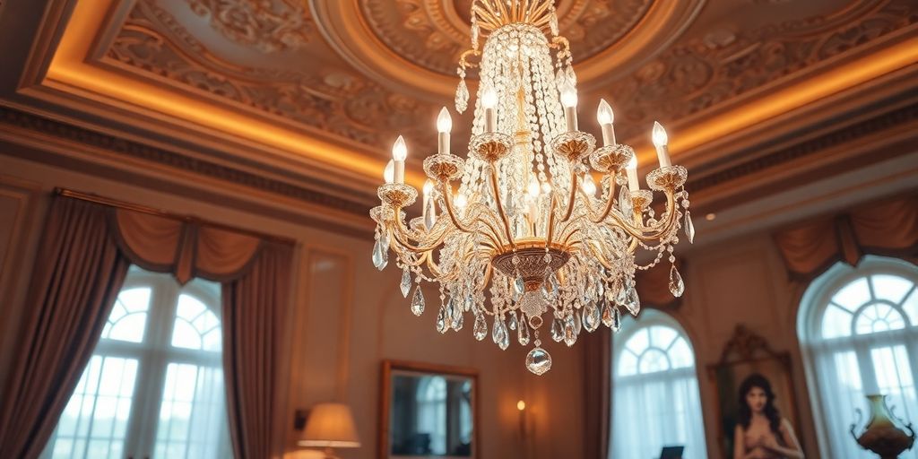 Luxurious chandelier with crystals illuminating a stylish room.