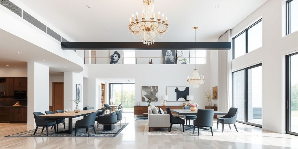 Chandelier in open floor plan