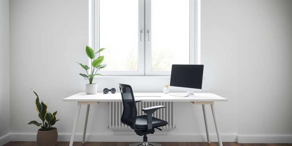 Minimalist home office with desk, chair, and plant