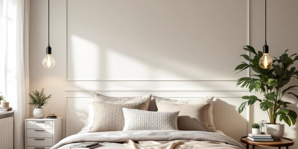 Modern bedroom with stylish pendant lights illuminating the space.