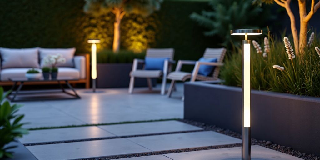 Stylish outdoor LED light fixtures in a patio setting.