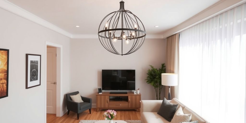 Modern chandelier in a cozy small living room