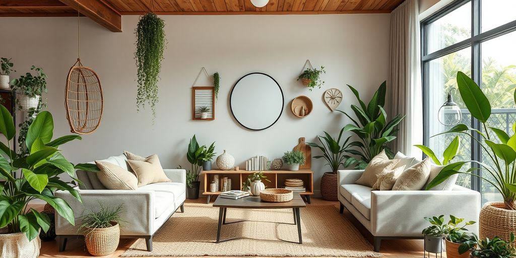 Eco-friendly living room with natural decor and plants.