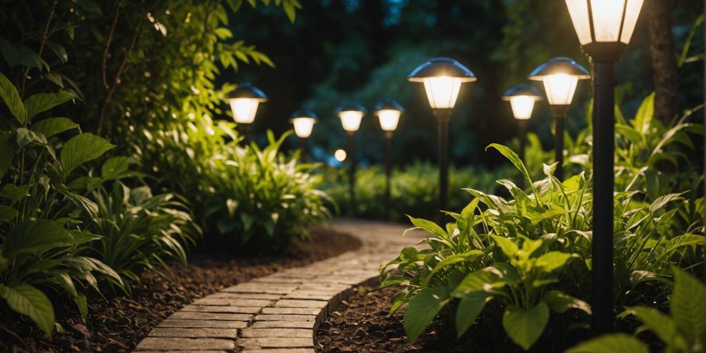 Solar powered garden stake lights in a green garden.