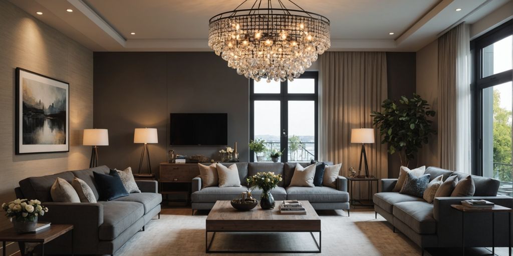 Modern chandelier in cozy living room