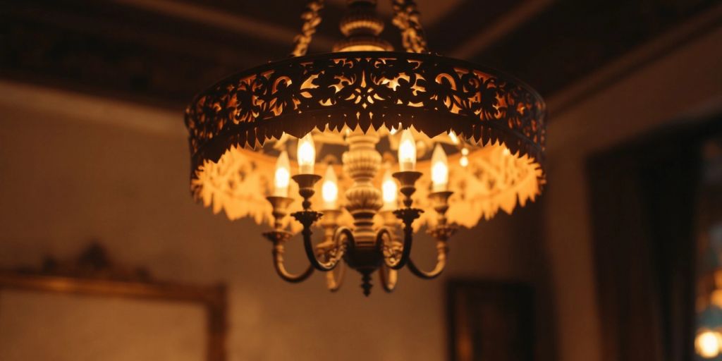 Elegant hand-carved chandelier illuminating a stylish room.