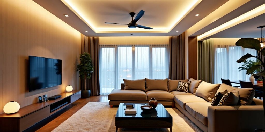 Modern living room with LED ceiling lights and stylish decor.