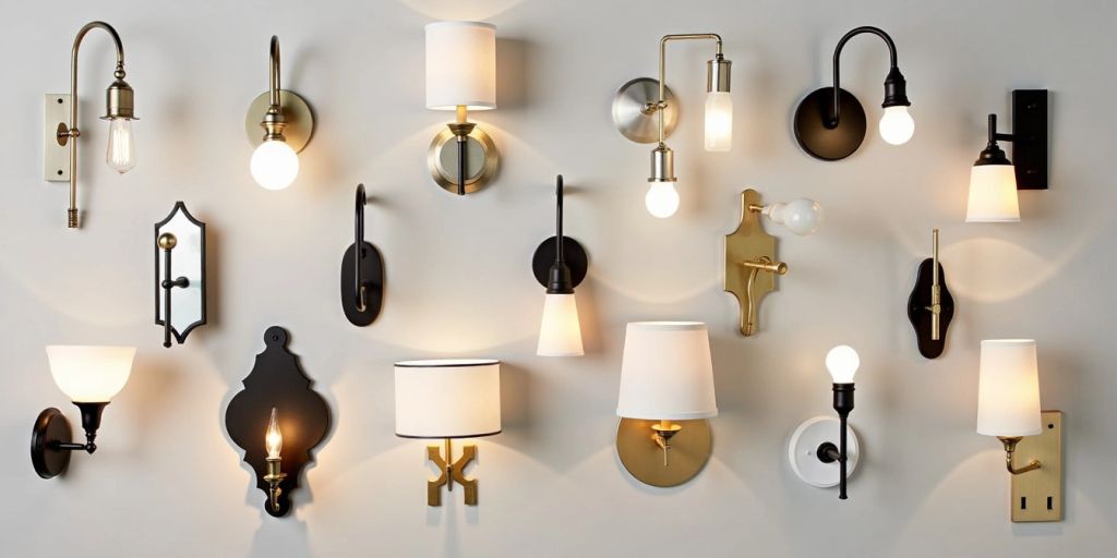 Various stylish sconce lights on a neutral wall.