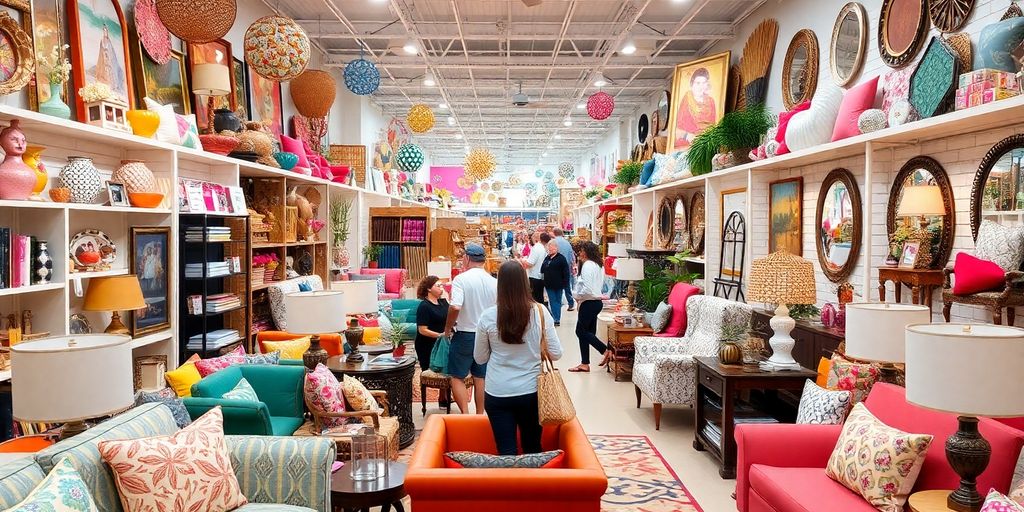 Interior of a decor store with colorful furniture and accessories.