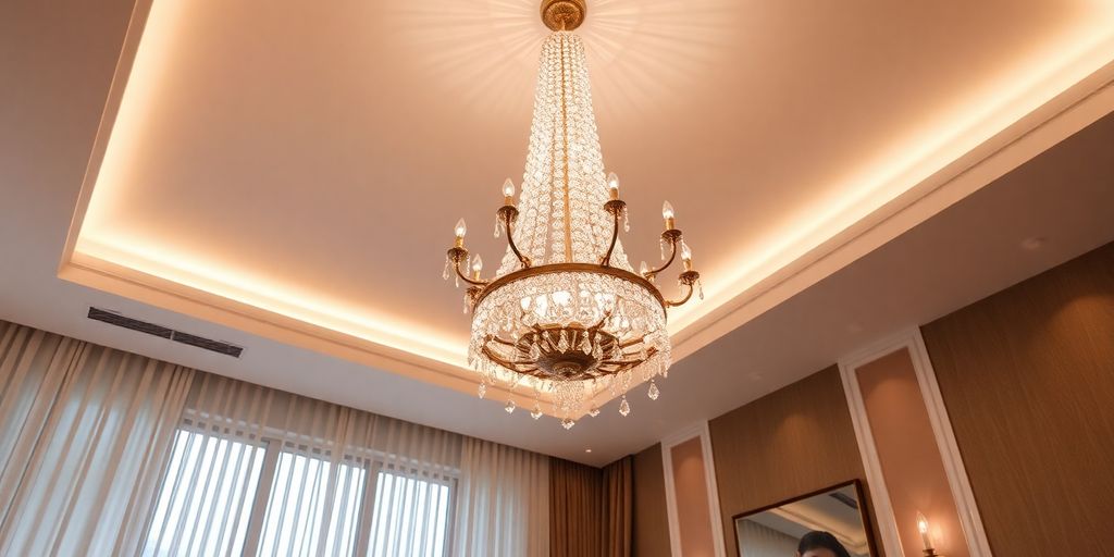 Elegant high ceiling chandelier illuminating a stylish room.